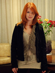 Nubile redhead Mia Sollis with absolutely beautiful breasts with pink tits and scrumptiously moist pussy with trimmed bush - Pics