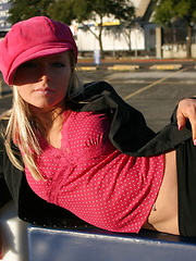 Perfect blonde teen Skye lifts her skirt and shows off her perfect ass in the Dallas Cowboys stadium parking lot - Pics