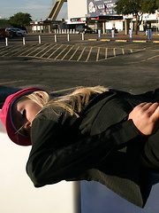 Perfect blonde teen Skye lifts her skirt and shows off her perfect ass in the Dallas Cowboys stadium parking lot - Pics