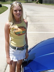 Blonde teen Skye Model shows off her tight teen body by her friends car - Pics
