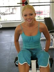 Petite blonde teen Skye keeps in shape while working out at the gym - Pics