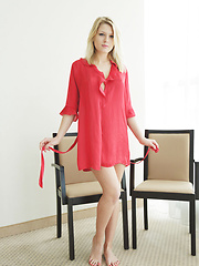 Lucy Heart smooth fair skin accentuated by a red chiffon robe - Pics