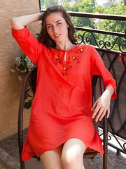 Rosett undresses her red kaftan dress, revealing a pair of small yet exquisitely pink and puffy breast, pink pussy with a cute trimmed bush, and smooth, svelte legs. - Pics