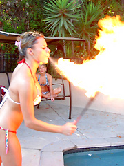 Watch amazing bikini babe shay breathe fire by the pool in this hot trick then get her hot pussy rammed hard in these dildo fucking 3some lesbian pics - Pics